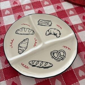 Dwell Studio White/Black/Red Divided Ceramic Snack Plate with Bakery Motifs